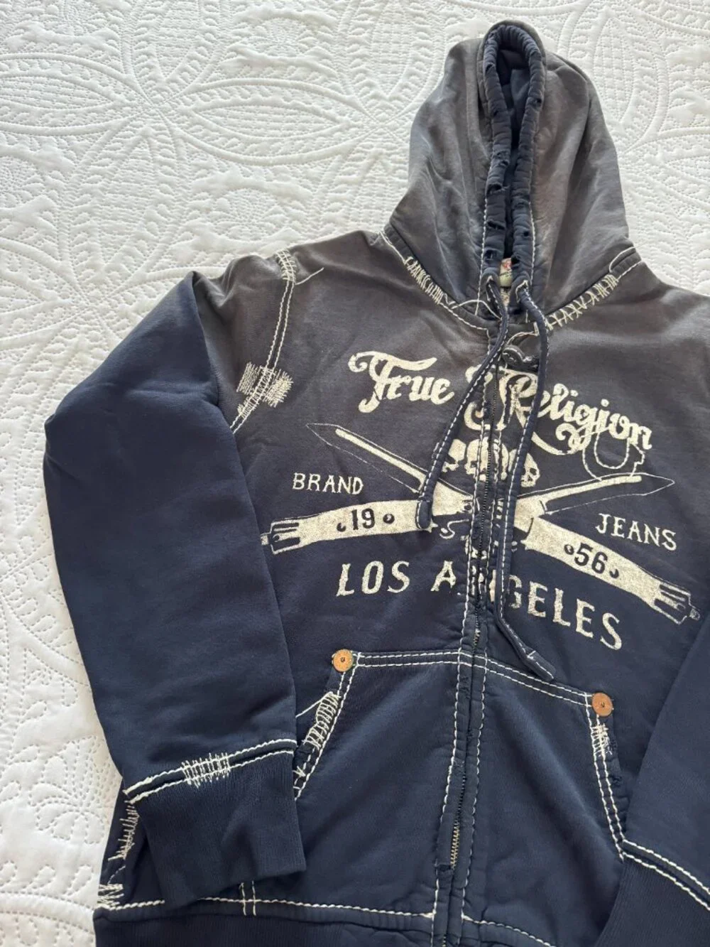 Vintage True Religion Whipstitch Big T Hoodie Switchblade Retail $419 MEDIUM